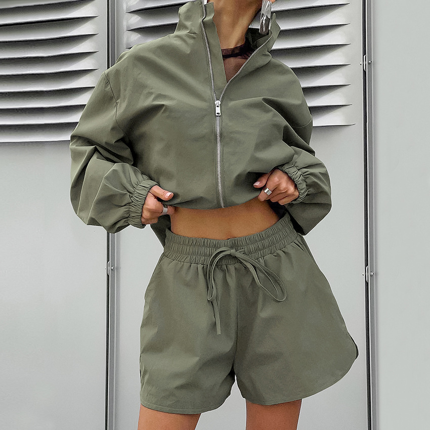 European American Fashion Gray Sporty Windbreaker 2025 Spring Loose Jacket And Shorts Two-piece Set With A Stylish_ecoleips.com