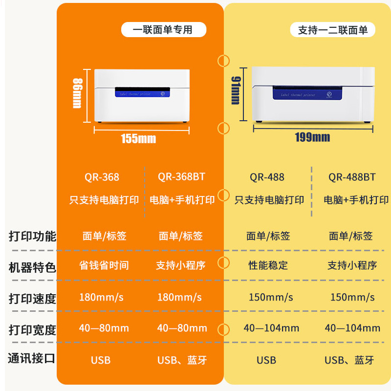 启锐QR368BT/488快递打单机一联单快递单打印机奇瑞588电子面单热