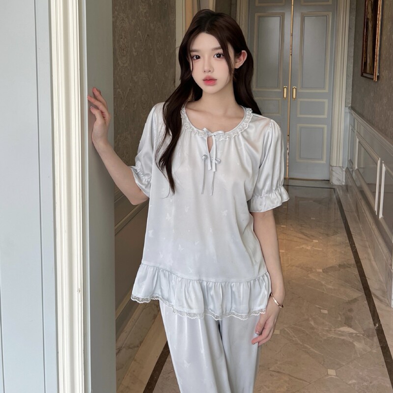 French Style Lace Palace Style Doll Collar Pajamas Women's Summer Thin Jacquard Butterfly Ice Silk Outer Wear Home Clothes French Style Lace Palace Style Doll Collar Pajamas Women's Summer Thin Jacquard Butterfly Ice Silk Outer Wear Home Clothes