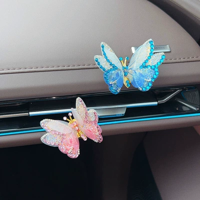 car dashboard, and computer display – Car ornaments - 2-diamond-encrusted-three-dimensional-butterflies-pink-blue-with-adhesive
