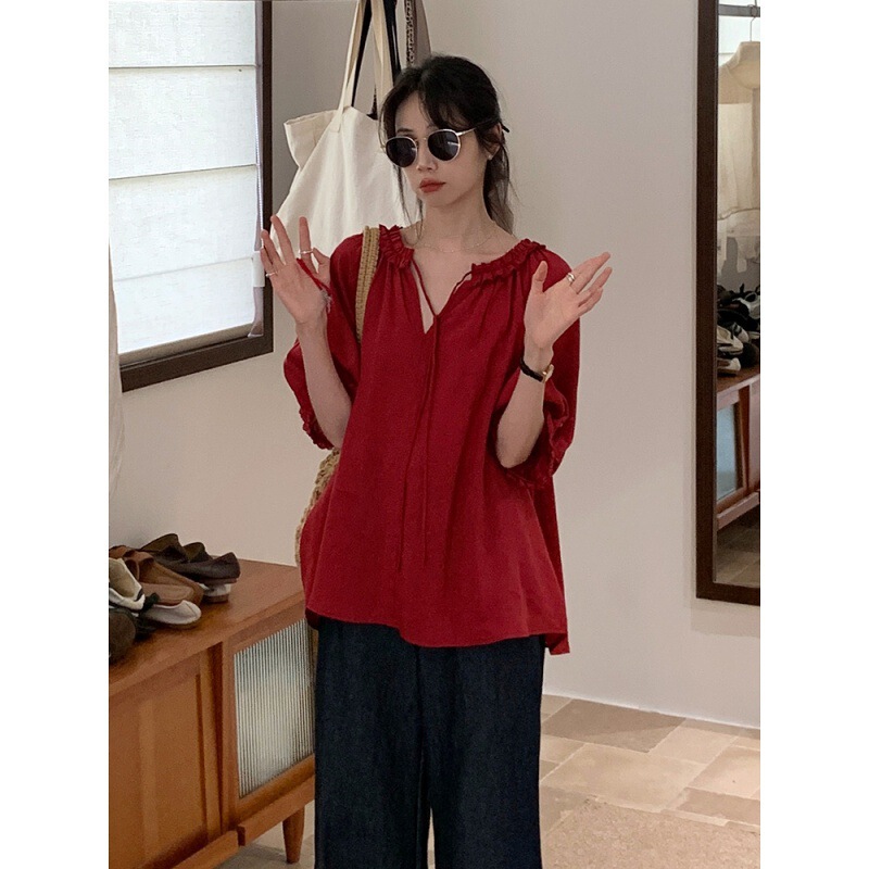 Korean Style Red Ear-Hem Lazy Style Shirt for Women 2025 Summer New Lace-Up Loose Thin Top