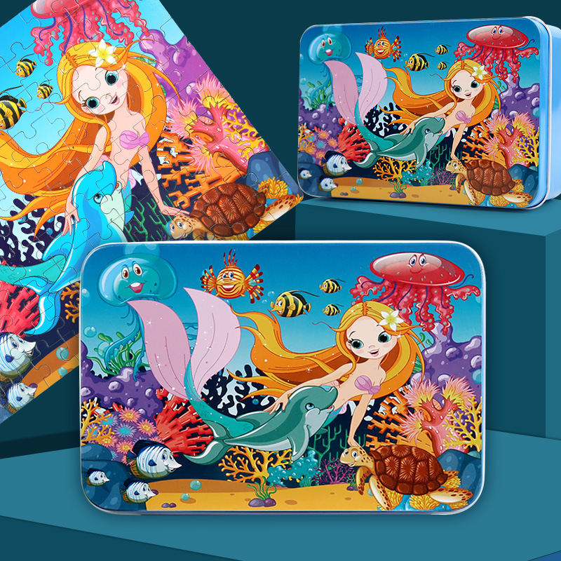 Niños 60.100 piezas de madera caja de hierro dibujos animados dibujos animados rompecabezas plano rompecabezas educación temprana juguetes de iluminación