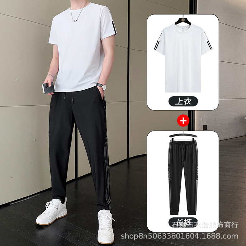 Traje deportivo de verano de los hombres de gama alta de los hombres casuales de seda de hielo de manga corta Camiseta pantalones largos ropa para correr al aire libre