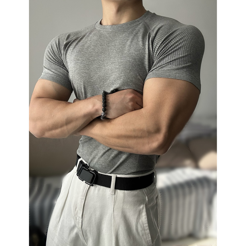 サマースポーツシームレスジャカード袖口半袖無地速乾トレーニングフィットネスストレッチスリムトップTシャツ男性用|undefined