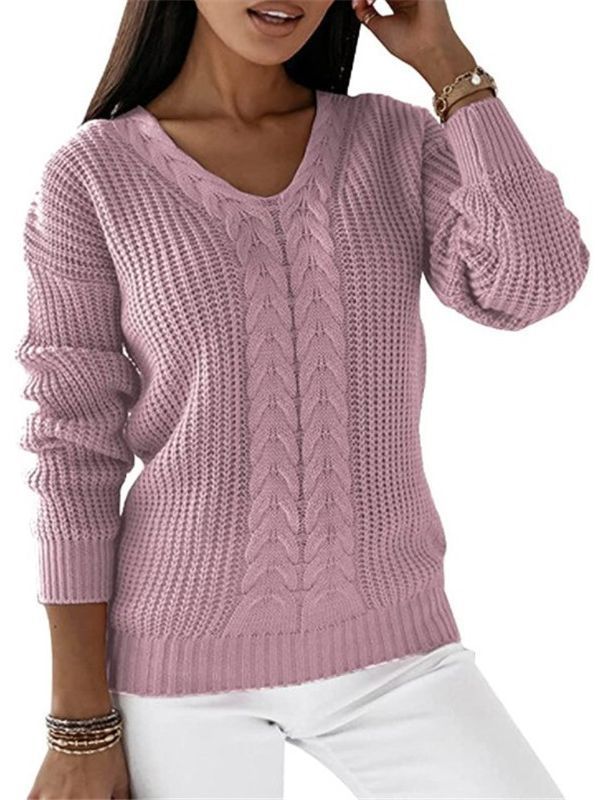 Europa y América Nueva Amazon suéter de las mujeres de manga larga con cuello en V color sólido giro casual Jersey de punto superior image 7