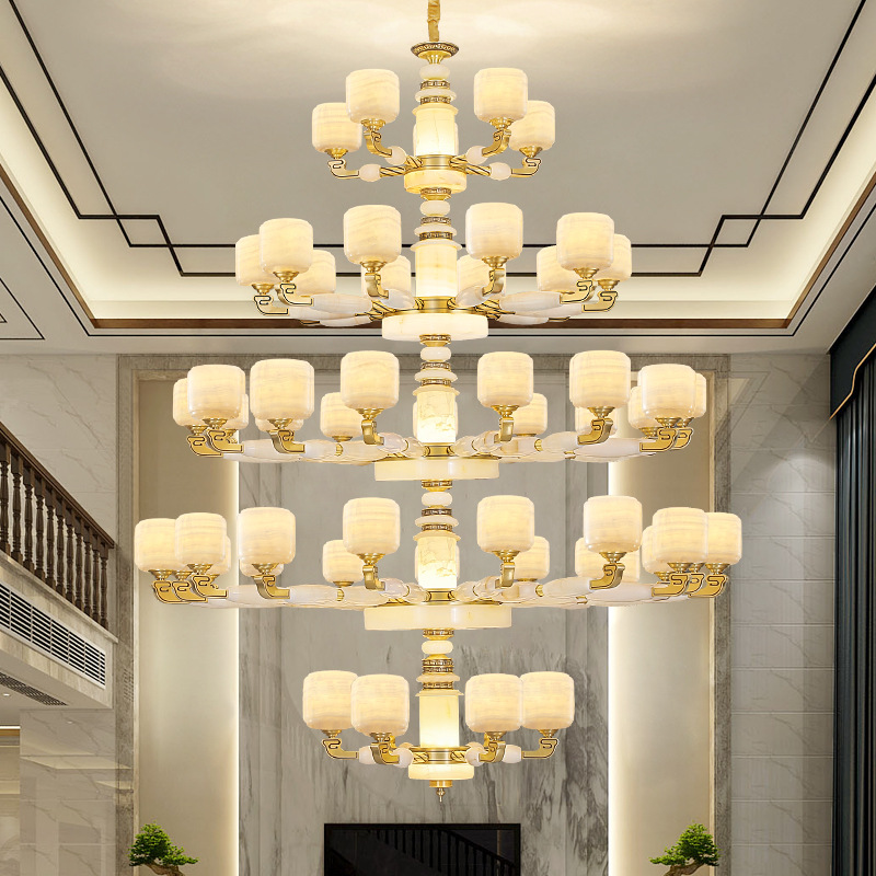 新中式客厅吊灯现代简约全铜玉石中国风大气餐厅灯2023年新款灯具
