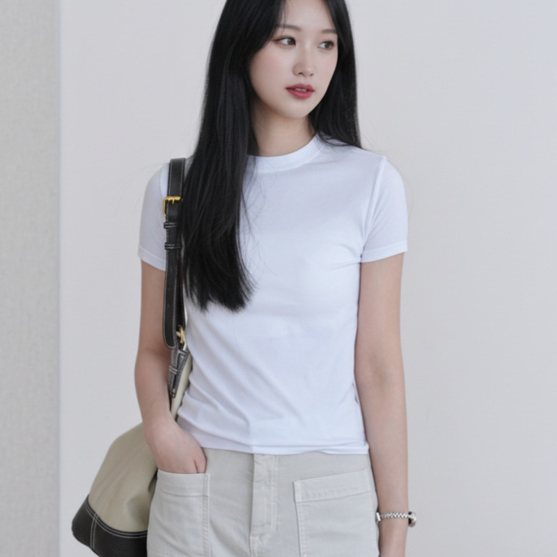 Minimalist Old Money Style Ice Silk Wool Seamless Integrated Round Neck Short Sleeve T-Shirt Versatile Regular Shoulder High Elasticity Slim Fit Top Minimalist Old Money Style Ice Silk Wool Seamless Integrated Round Neck Short Sleeve T-Shirt Versatile Regular Shoulder High Elasticity Slim Fit Top