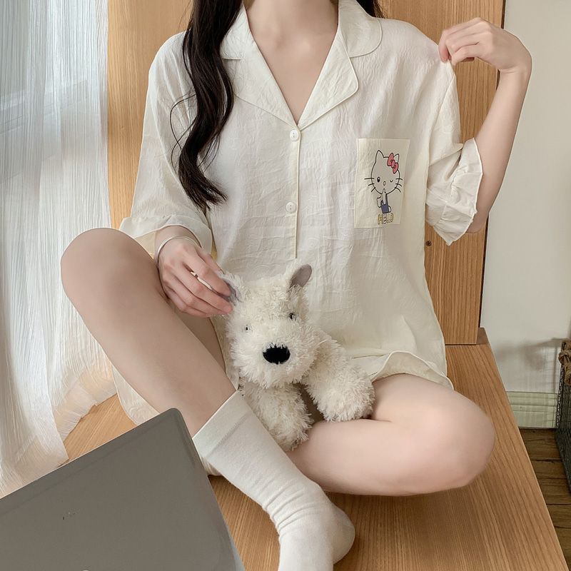 Venta al por mayor transfronteriza nuevo verano nube algodón jacquard pijama mujer solapa KT gato cardigan lindo traje casual de servicio a domicilio