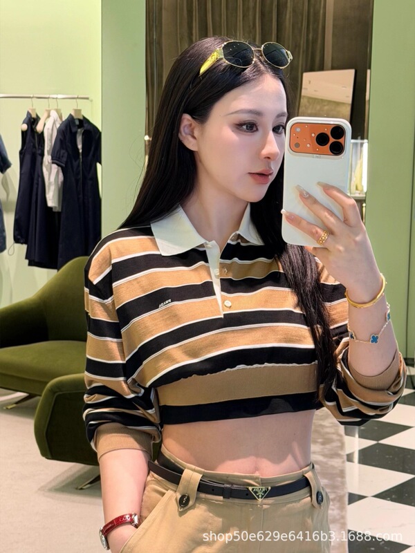 P brand's new summer fashion women's short-length, color-blocked POLO collar long-sleeve top, age-reducing sweater, knitted shirt wholesale