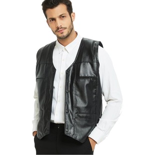 Autumn and winter multi-pocket plus velvet vest dad outfit for middle-aged and elderly men warm V collar leather waistcoat live wholesale