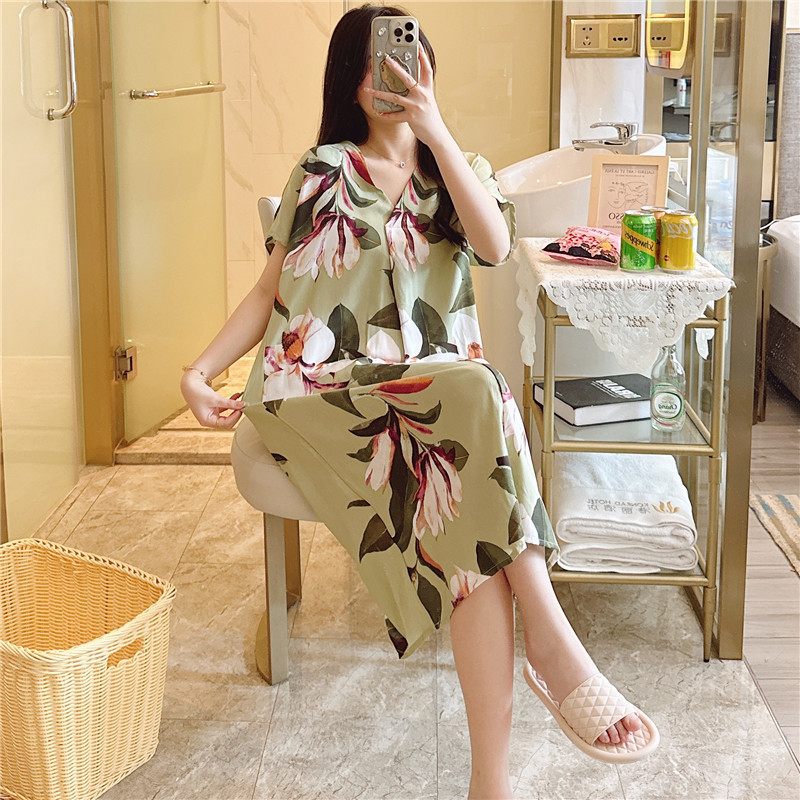 Camisón de seda de algodón para mujer verano nuevo Pijama estampado de dibujos animados de manga corta estilo coreano más tamaño ropa para el hogar suelta de seda de algodón delgada