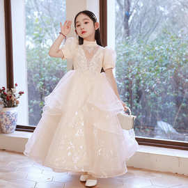 女童香槟礼服儿童主持人走秀钢琴演出服小女孩生日公主裙花童婚纱