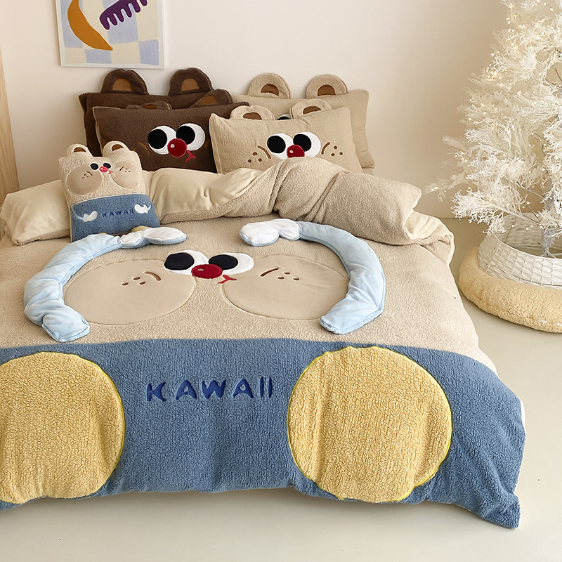 Thickened Class a Stereo Heavy Embroider Teddy Velvet Milk Velvet Four-Piece Set Autumn and Winter Warm Bed Bed Sheets Quilt Cover with Pillow 1