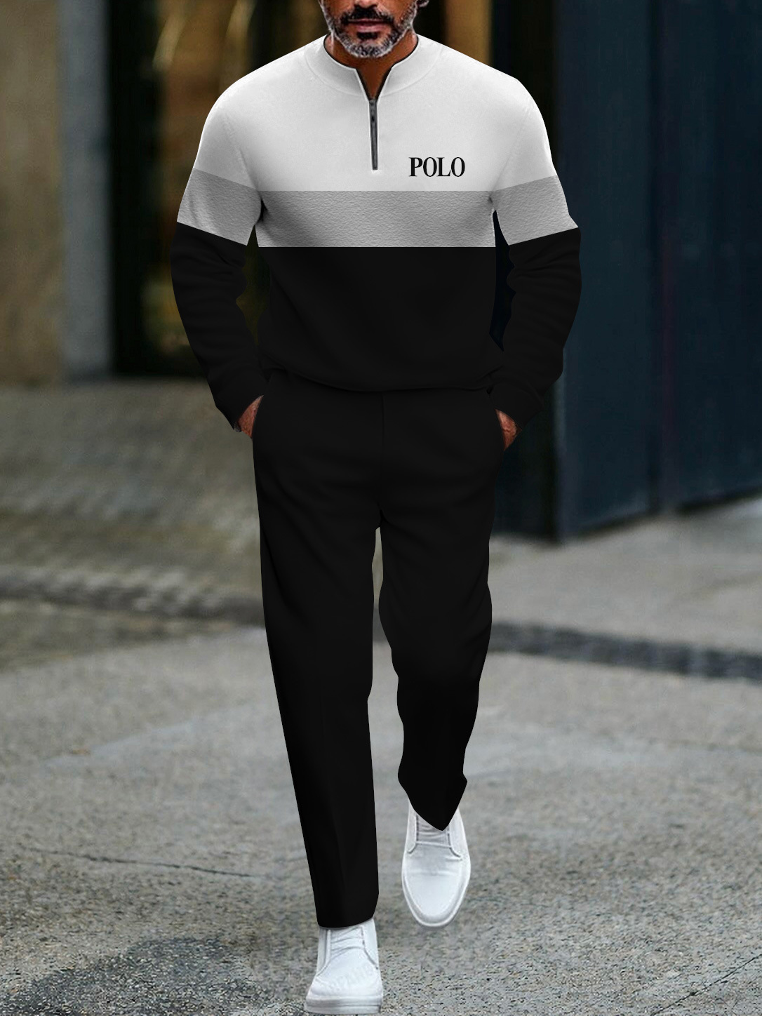​​Men's Half-Zip Sportswear Set – Casual Round Neck Top & Relaxed Fit Trousers (Black/Grey, S-XXXL)​​_viptrois.com