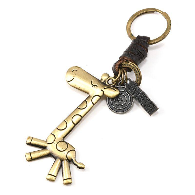 Creative key chain men and women small gift alloy cute giraffe vintage woven leather key chain key chain