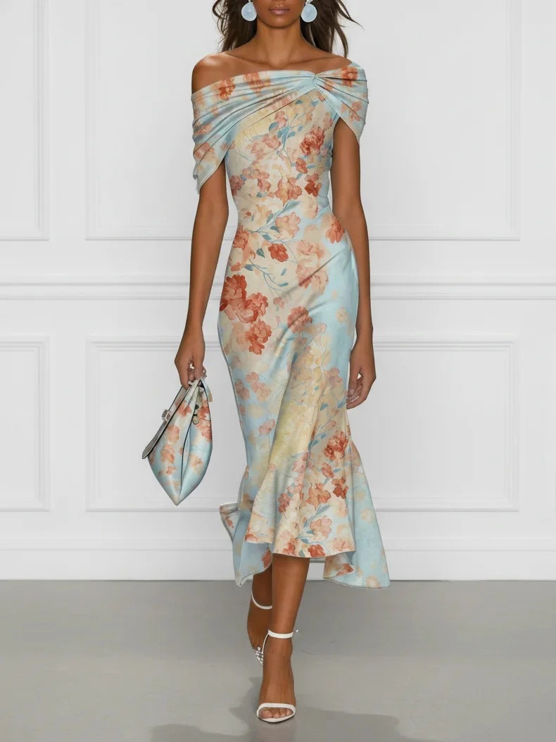 2026 European and American Women's Fashion Amazon Independent Site Digital Print Off-Shoulder Short-Sleeve Floral Elegant Long Dress