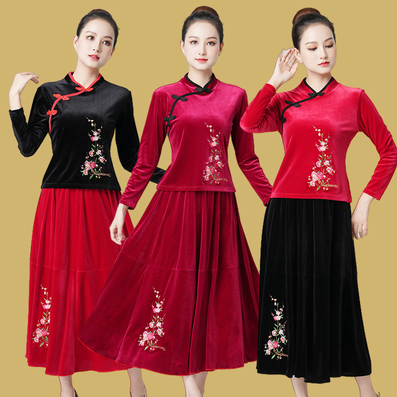GT9216 Velvet Long-Sleeve Embroidered Square Dance Costume Set for Middle-Aged and Older Women - Autumn/Winter Dance Wear