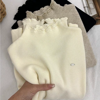 法式精致系木耳边打底衫女装秋冬半高领内搭毛衣长袖针织上衣