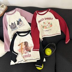 韓版童裝女童短款修身圓領長袖卡通插肩拼接T恤春秋新款0206A009