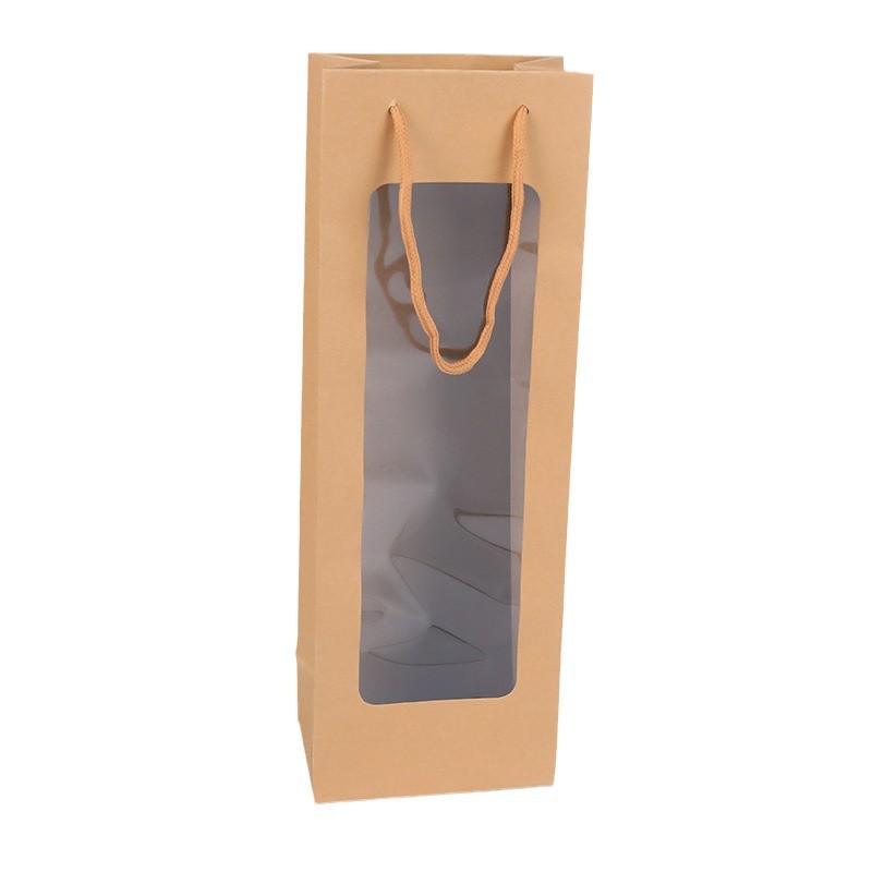 Bolsa de vino con ventana transparente – bolsa de papel kraft con asa para regalo, flores o vino