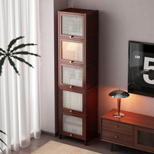 书柜带玻璃门防尘储物柜中古风实木一体靠墙客厅家用落地置物窄柜