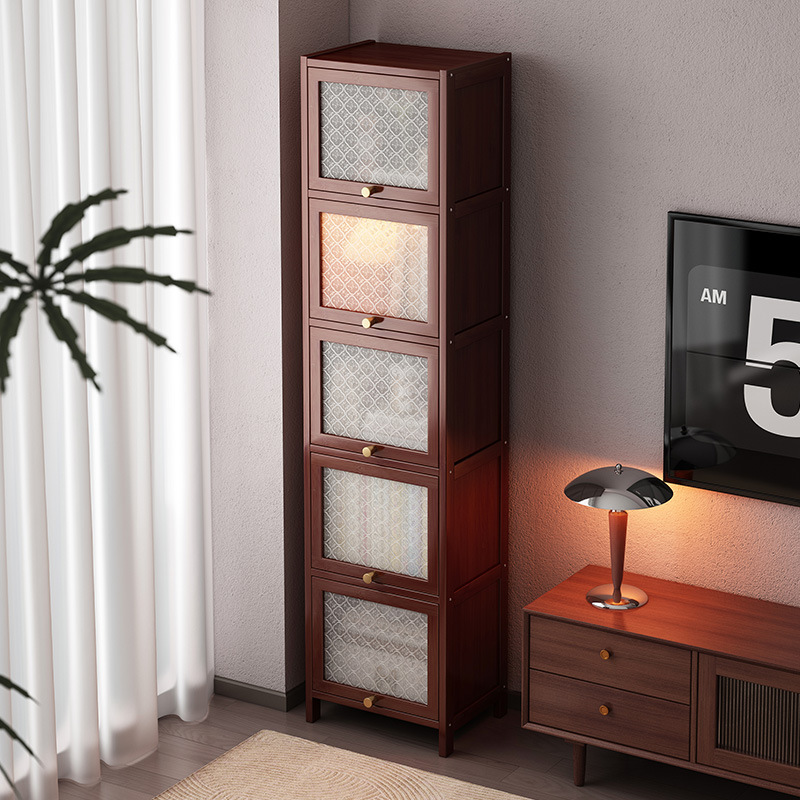 Bookcase with Glass Door Dust-Proof Storage Cabinet Antique Style Solid Wood Integrated Wall-Mounted Living Room Home Floor-Standing Storage Narrow Cabinet