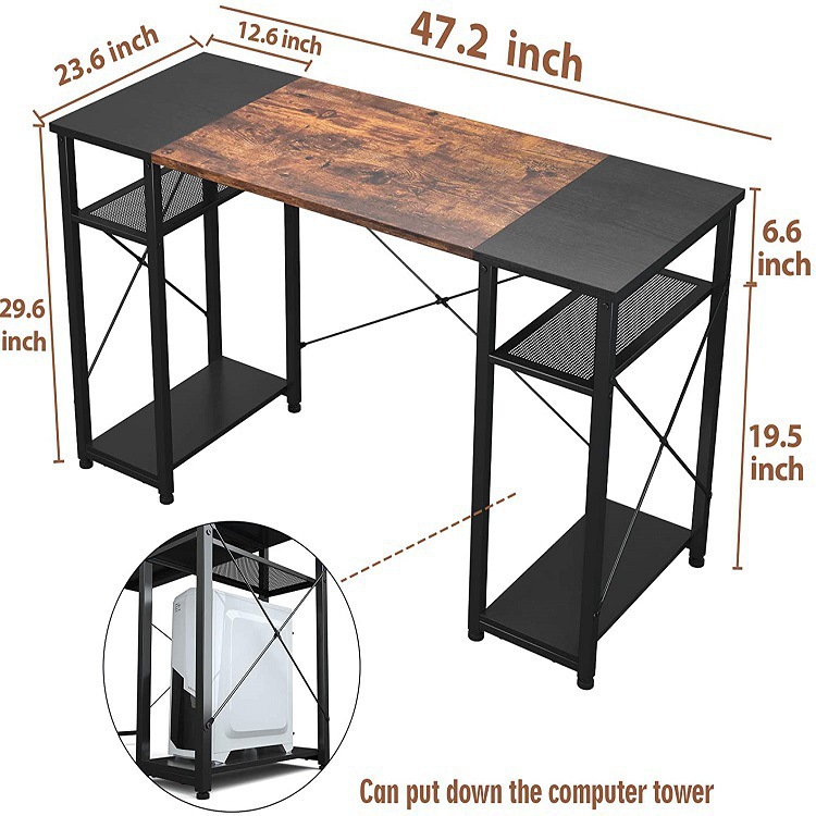 Home Office Writing Desk with Storage Shelf, Industrial Desk Modern Patchwork Board Wooden Computer Desk