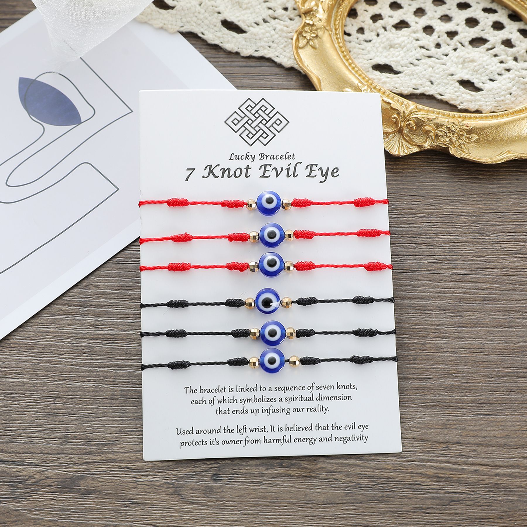 Nueva Pulsera De Ojo De Demonio Con 7 Nudos, Juego De 6 Piezas De Pulsera Trenzada Con Tarjeta Roja De La Suerte display picture 3