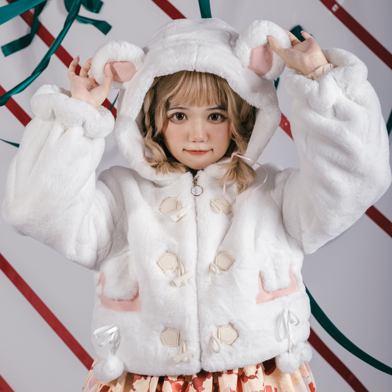 Abrigo Peluche Lolita con Capucha de Piel de Conejo para Otoño e Invierno image 1