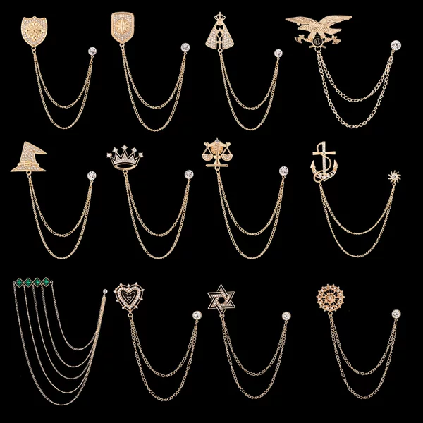 European and American men's brooch crown love eagle wings rudder brooch chain tassel jacket suit accessories