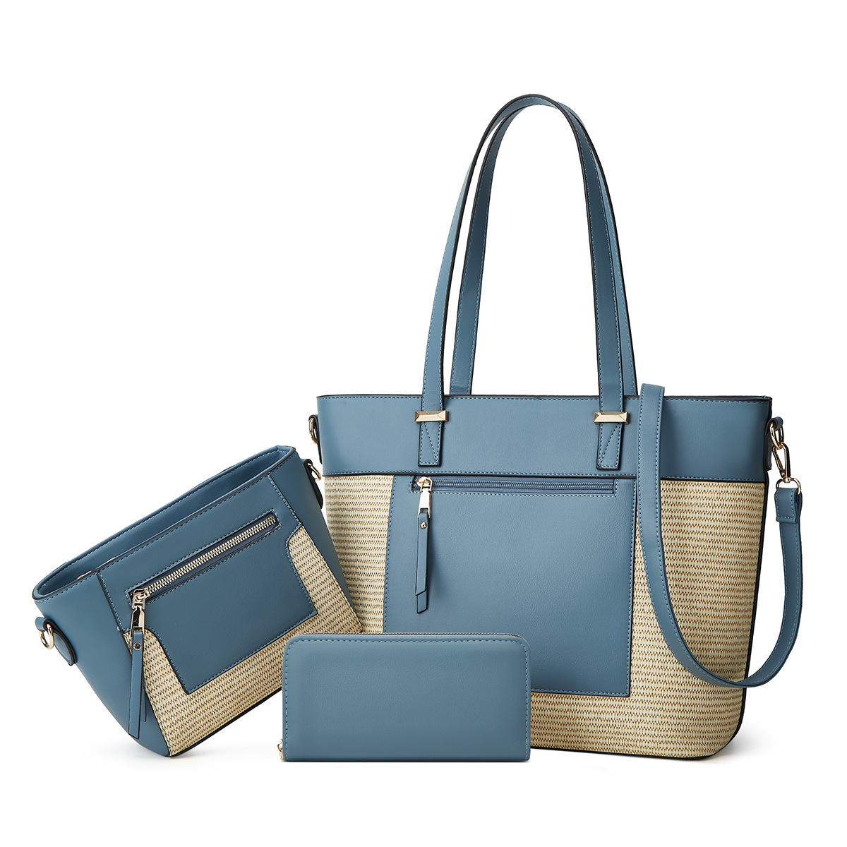 2025 New Tote Cross-Border Patchwork Color Woven Handbag Crossbody Bag Three-Piece Set_voghion.com