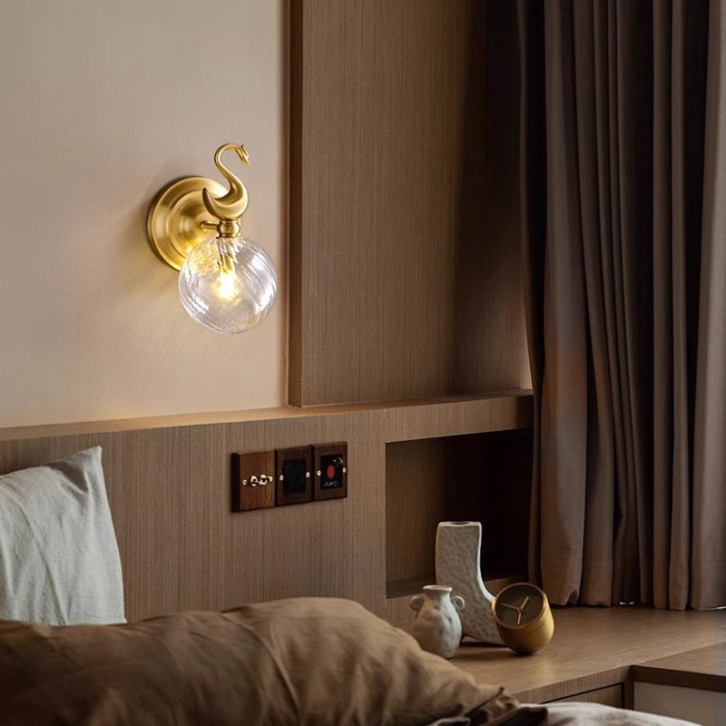 Pasillo sala principal sala de estar corredor de latón lámpara de pared lujosa lámpara de cama cisne dormitorio de cabecera bronce moderno estilo americano