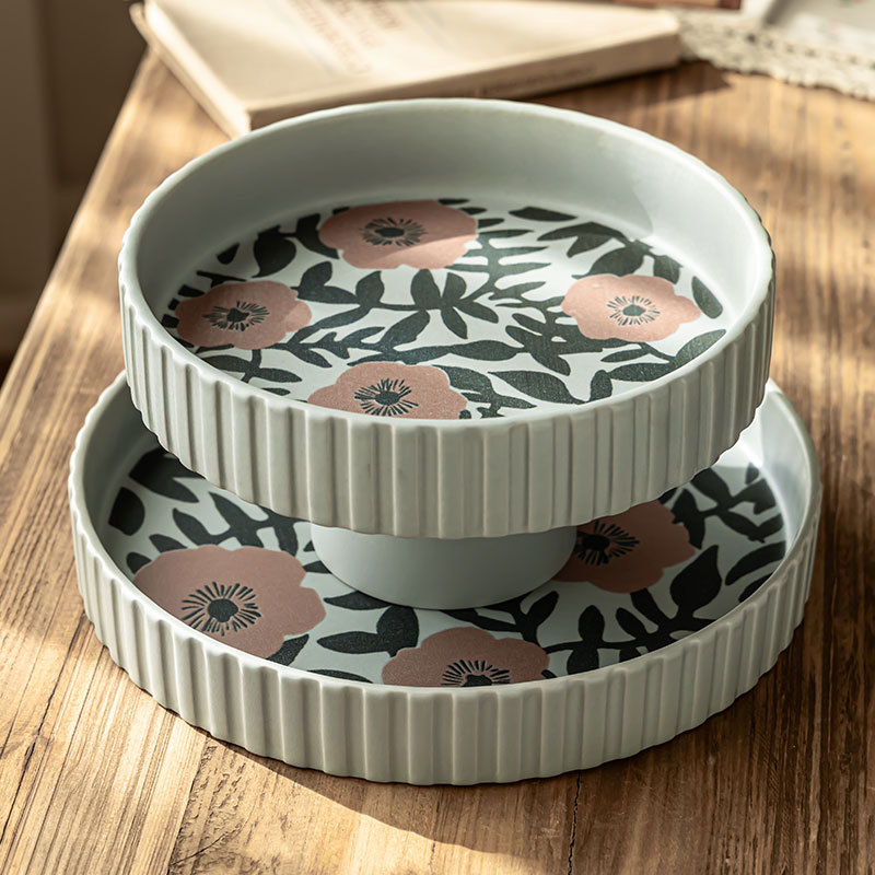 Flores de alto valor, plato de frutas de cerámica, plato casero, plato de frutas de Año Nuevo, plato de bocadillos, plato creativo de pies altos, platos de cubiertos