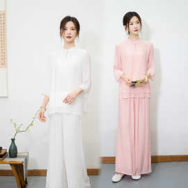新款#2025新款民族风禅意打坐套装国风茶服表演服两件套女白色