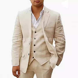 亚马逊速卖通外贸亚麻商务休闲西服男六件套套装新郎婚礼宴会西装
