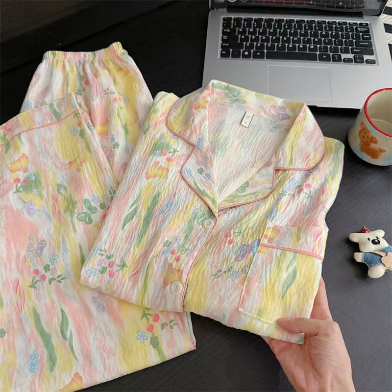Cross-Border Factory Cloud Cotton Pajamas for Women Spring and Autumn Printed Lapel Long-Sleeved Home Clothes Cute Cartoon Suit New Style