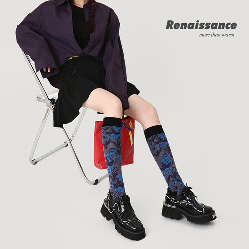 Renaissance original women's socks retro mid-length socks three-dimensional relief calf socks contrasting color slimming knee-high socks for women