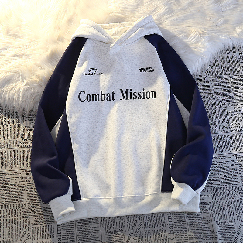 Felpa con cappuccio, manica raglan, stampata con lettere in stile americano, spessa e foderata in pile, patchwork, color-block, alla moda_voghion.com