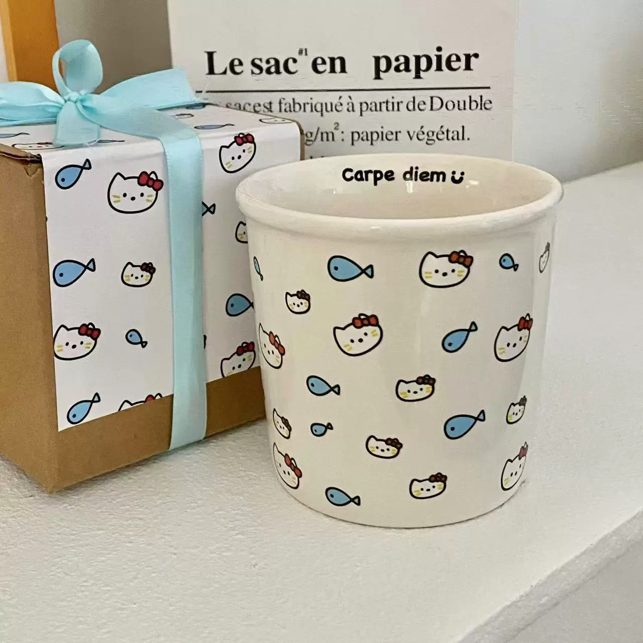 Ceramic Mug Ins Cat Eating Fish — 350 ml, Cute Gift Box Design