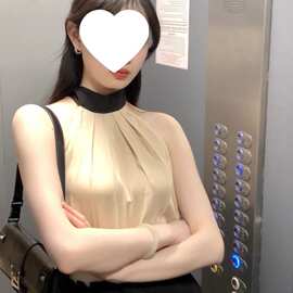 韩版气质感露肩挂脖设计感小上衣女夏季御姐无袖百搭纯欲衬衫