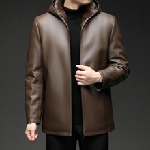 品牌绵羊皮皮衣连帽男2025冬季休闲中年爸爸加绒保暖皮毛一体外套