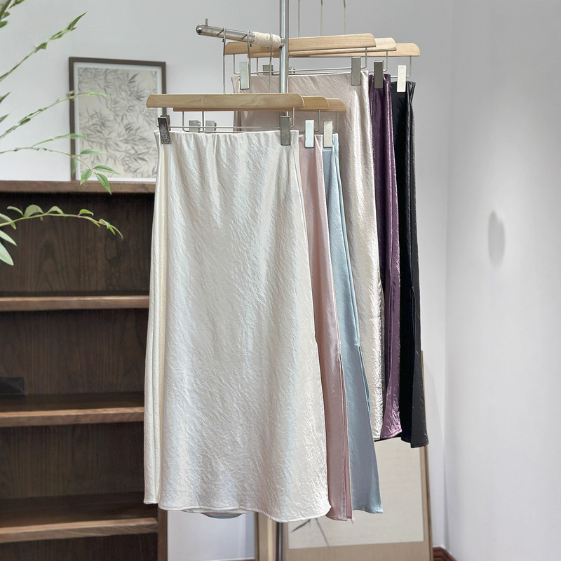 New Chinese-Style Satin Imitation Acetate Skirt for Women, Spring and Autumn, Elastic Waist, High-Waisted, Versatile, Elegant, Side-Slit Long Skirt