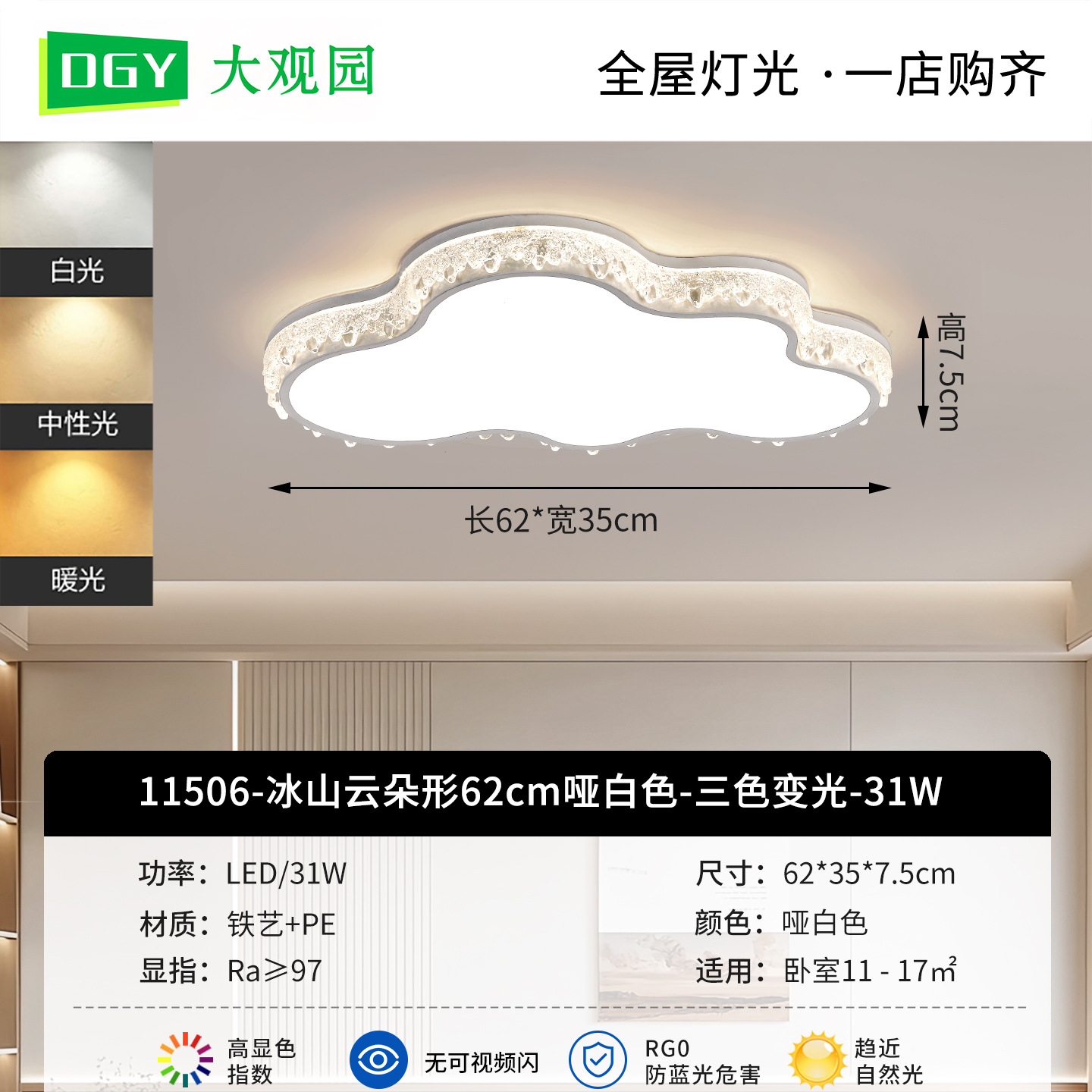 Iceberg Cloud 62cm Mat White-Tricolor - 31W-Full Spectrum