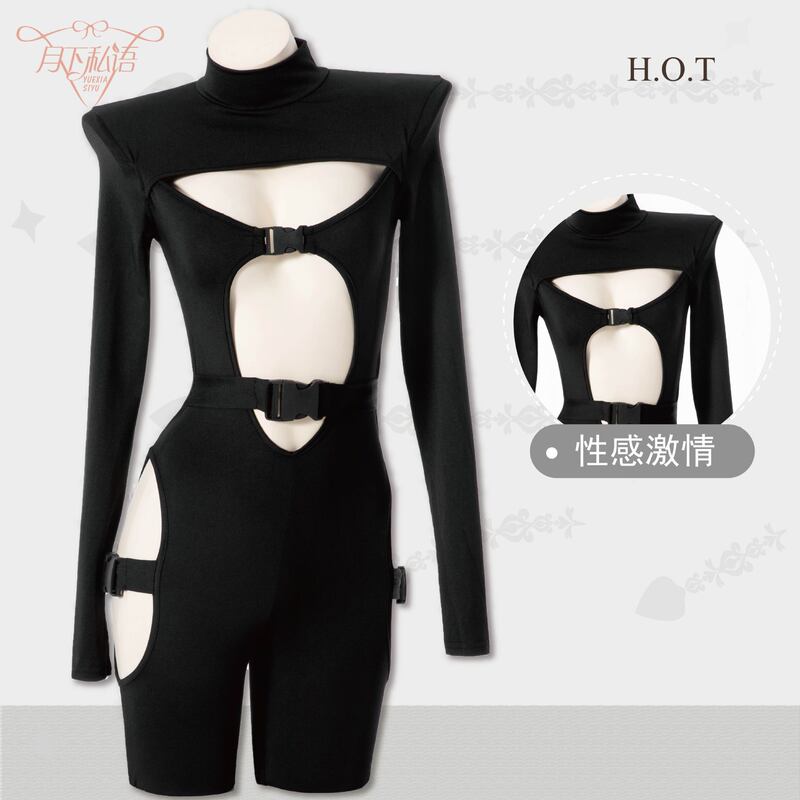 European and American pure sexy zipper slim long sleeve cos Halloween punk jumpsuit tight cut out hot girl outfit