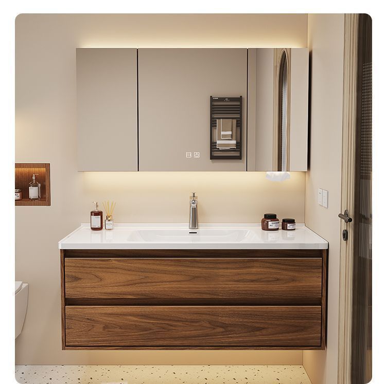 New walnut wood color double-drawer bathroom cabinet, bathroom washbasin and washbasin set with ceramic integration undefined