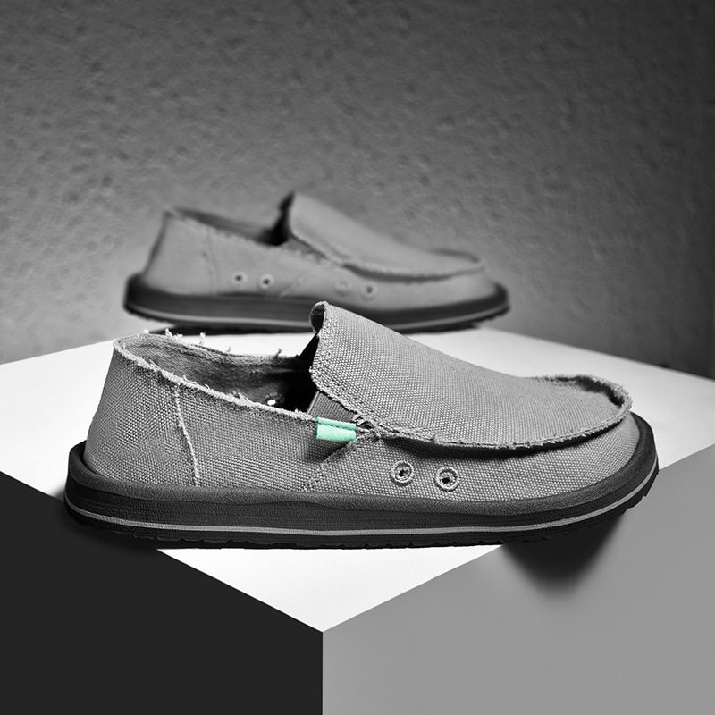Giày vải nam lười xỏ chân thoáng khí kiểu mới, đế bằng, form tròn — Kaki, màu xám, đen