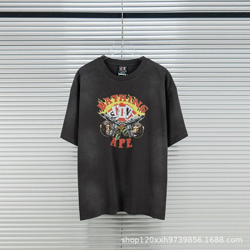 BATHING APE x SAINT Mxxxxxx co-branded letter print washed distressed unisex short-sleeve T-shirt BATHING APE x SAINT Mxxxxxx co-branded letter print washed distressed unisex short-sleeve T-shirt