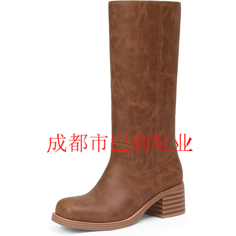 跨境款女士中筒靴粗跟女式高筒靴方头舒适休闲靴低跟时尚靴子大码|undefined