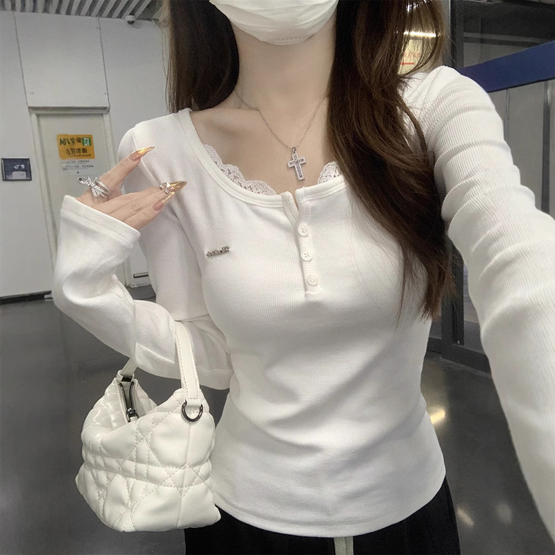 Ram Pure Desire Lace Long-Sleeved Shoulder T-Shirt Women's Autumn Korean Style Slim-Fit Inner Base Shirt Shoulder T-Shirt Top