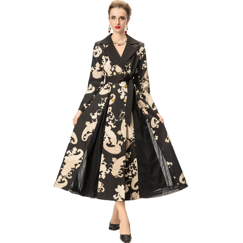 Lapel Long-Sleeve Double-Breasted Printed Elegant Flowing Chiffon Long Trench Coat Dress European and American Autumn Women's 2025